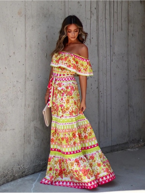 Flying Tomato Dresses & Skirts - Off-Shoulder Floral Maxi Dress in Yellow and Pink
